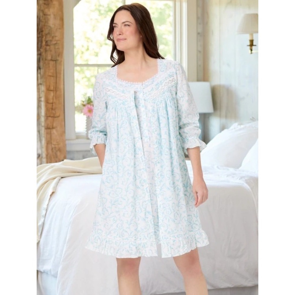 Eileen West Aqua Scroll Short Cotton Robe Blue Lace Ruffle Cottagecore Womens M